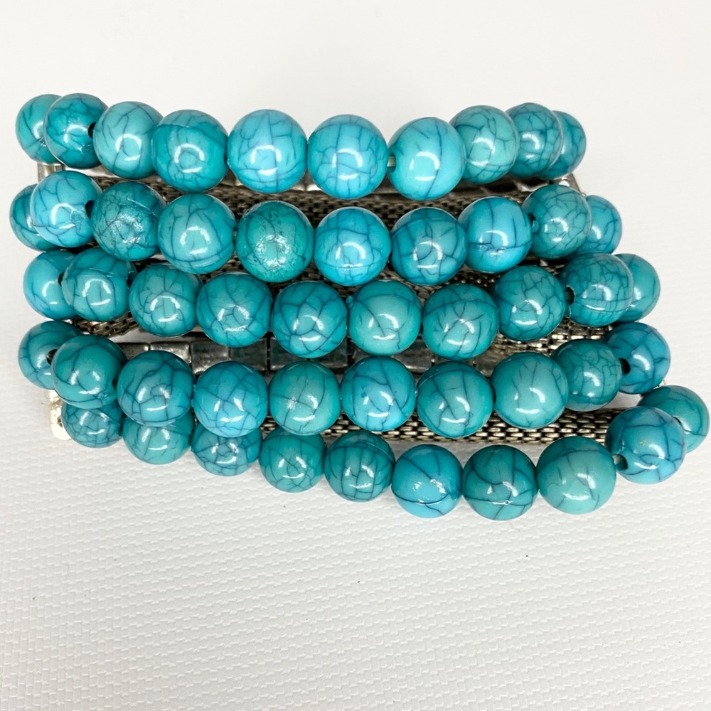 Turquoise Color Bead Rhinestone S.T. Mesh Bracelet - Picture 8 of 10